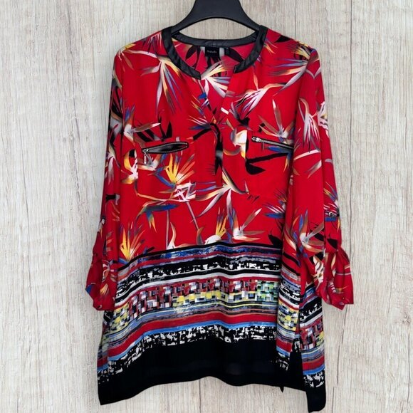 RAFAELLA Red Tropical Bird In Paradise Faux Leather Trim Tunic Blouse Top 2X - Picture 1 of 4